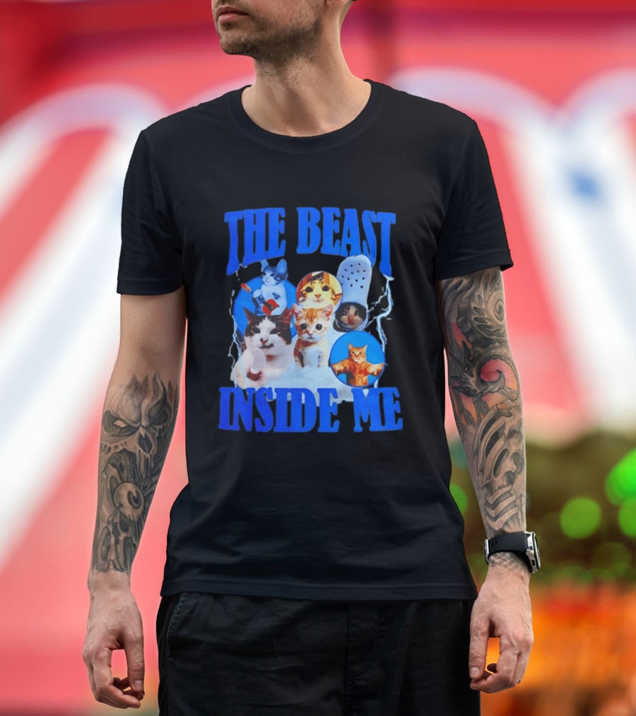 The Beast Inside Me Cat Collage With Blue Electric Accents T-Shirt