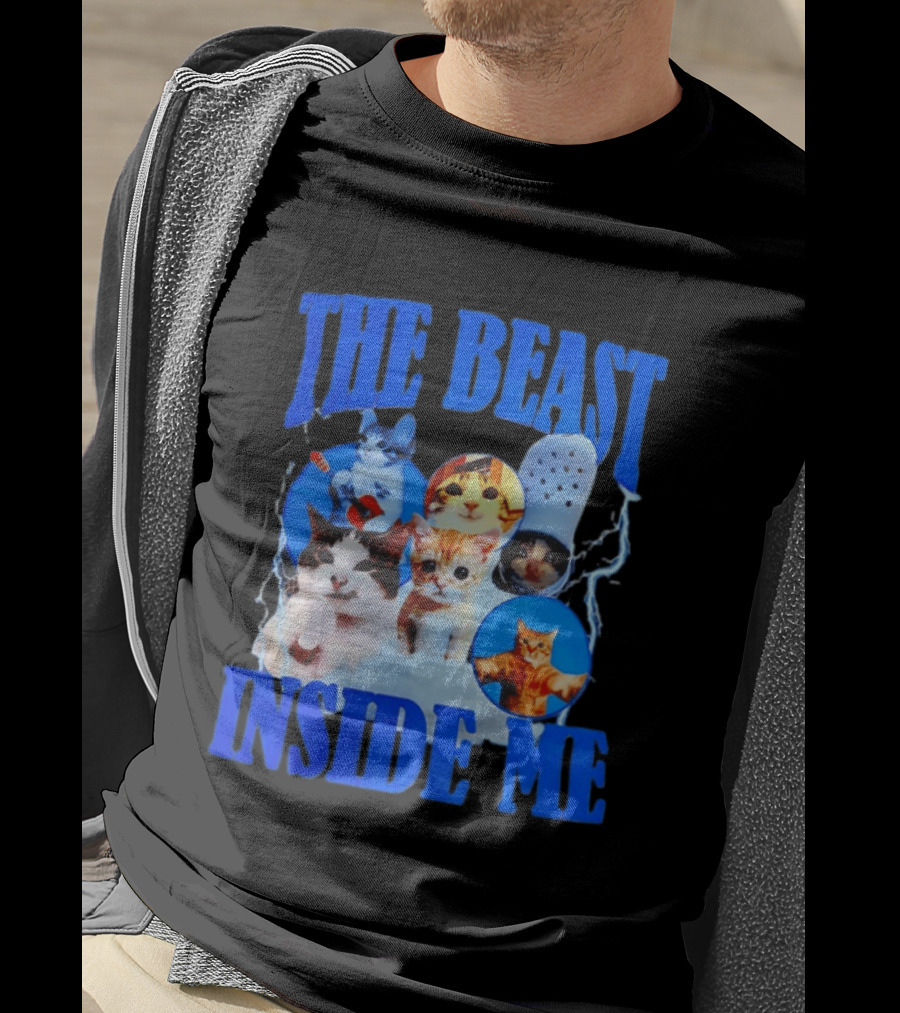 The Beast Inside Me Cat Collage With Blue Electric Accents T-Shirt