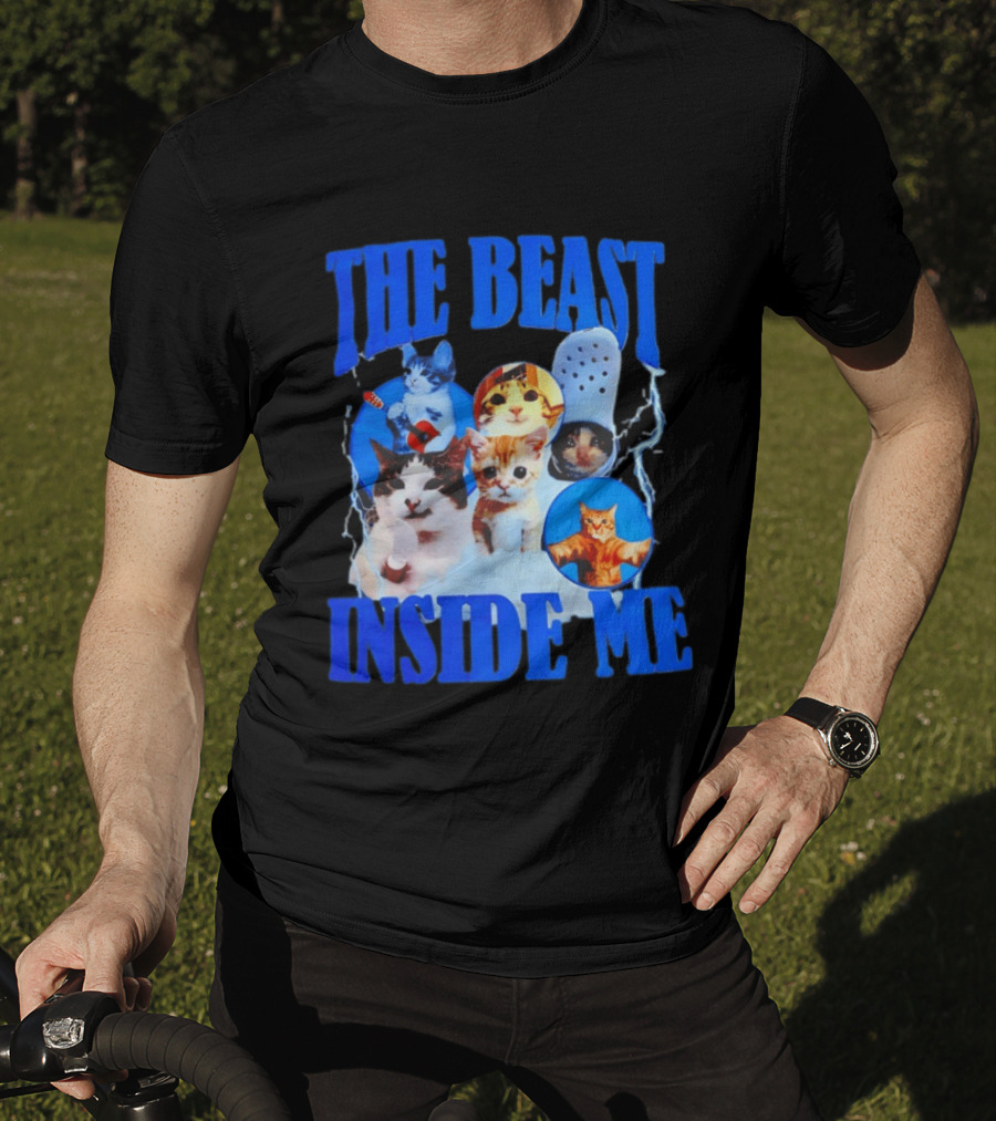 The Beast Inside Me Cat Collage With Blue Electric Accents T-Shirt