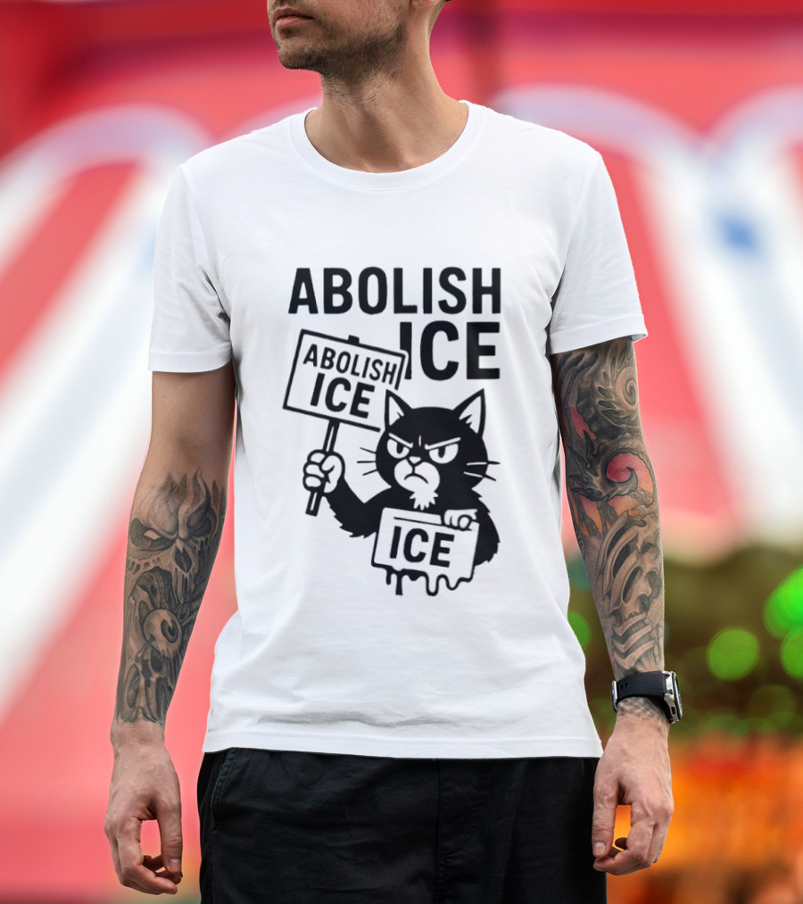 Grumpy Black Cat Holding Abolish Ice Sign Protest Message T-Shirt