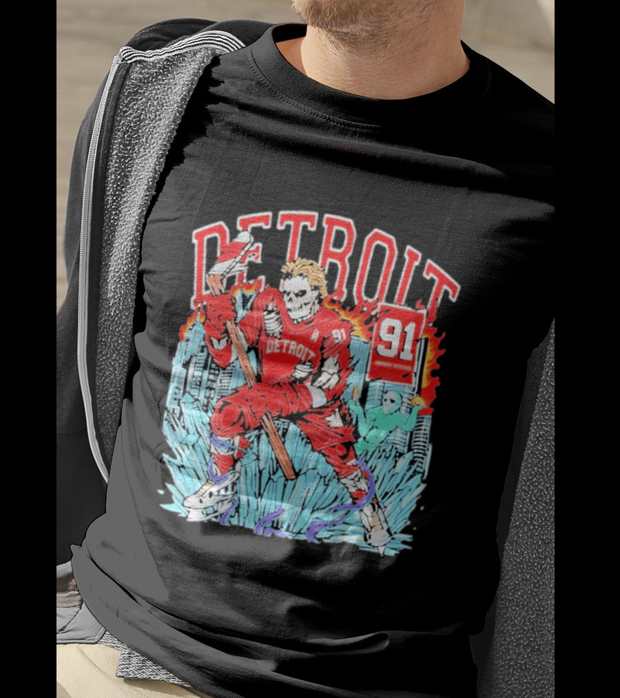 Detroit Hockey 91 Skeleton Player Red Jersey Cityscape Flame T-Shirt
