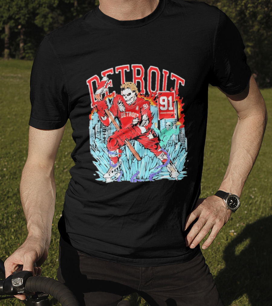 Detroit Hockey 91 Skeleton Player Red Jersey Cityscape Flame T-Shirt
