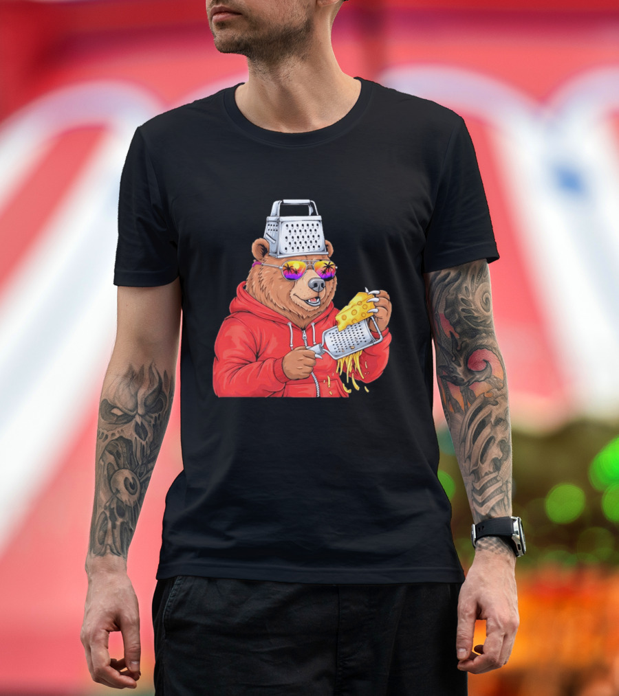 Bear With Cheese Grater Hat And Sunglasses With Bright Palm Tree Reflection T-Shirt