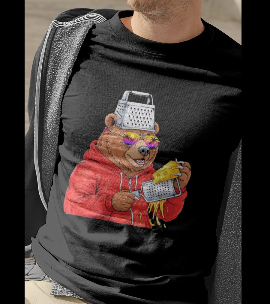 Bear With Cheese Grater Hat And Sunglasses With Bright Palm Tree Reflection T-Shirt