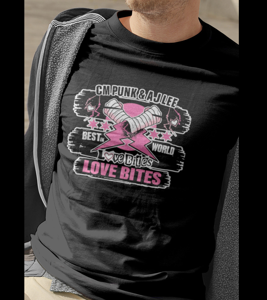 CM Punk AJ Lee Best In The World Love Bites Pink Heart Stars T-Shirt