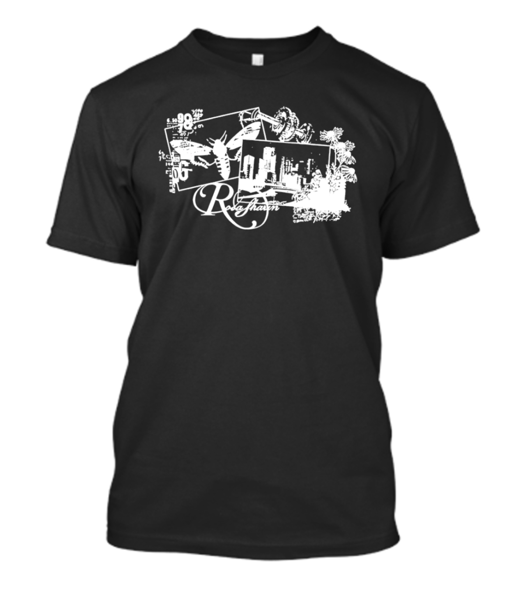 R Rosasharin Collage R Script Butterfly Cityscape White T-Shirt