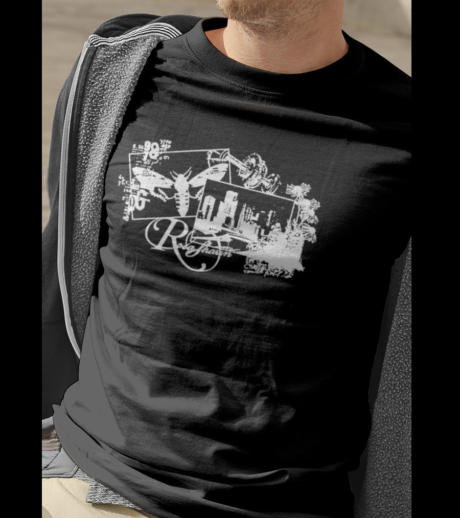 R Rosasharin Collage R Script Butterfly Cityscape White T-Shirt