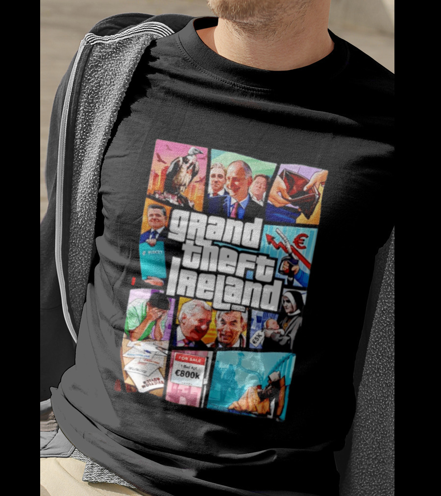 Grand Theft Ireland GTA 5 Parody Satire Style Illustration Irish Economy Politics Humor T-Shirt