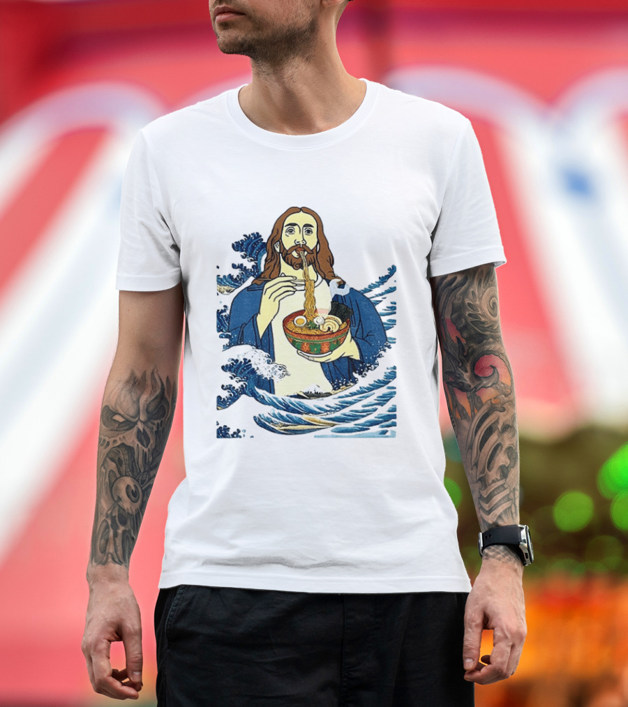 God Eats Ramen Jesus Wave Meme With Bowl Of Noodles T-Shirt