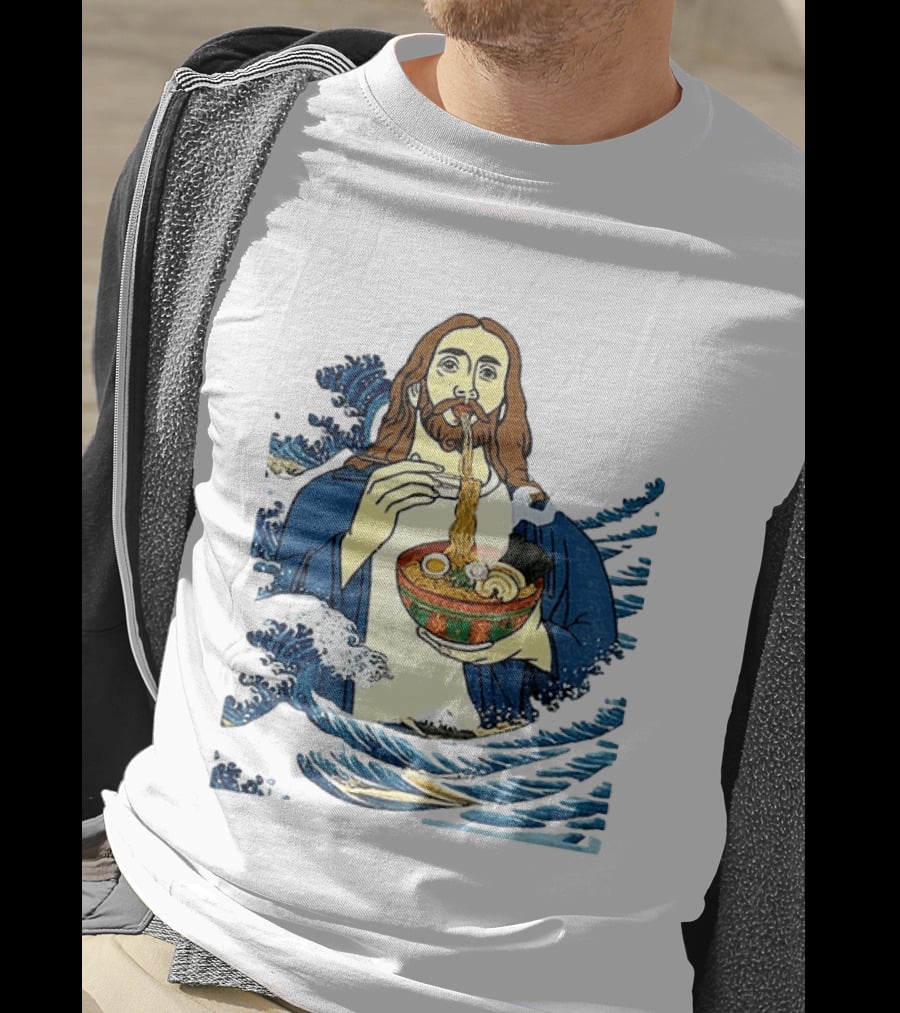 God Eats Ramen Jesus Wave Meme With Bowl Of Noodles T-Shirt