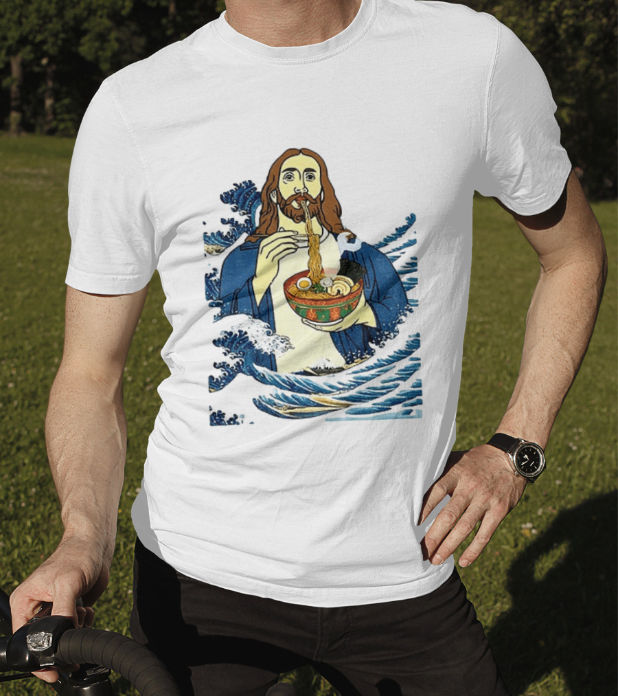God Eats Ramen Jesus Wave Meme With Bowl Of Noodles T-Shirt