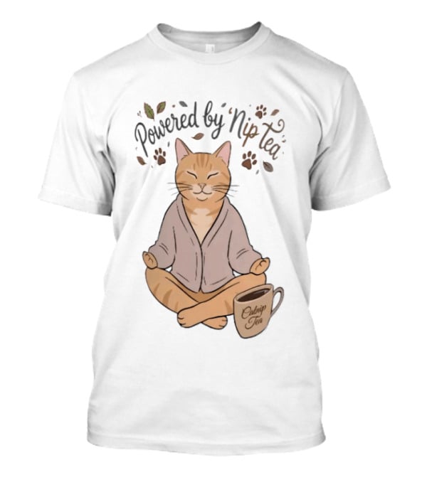 Powered By Nip Tea Catnip Tea Meditating Cat With Paw Prints T-Shirt
