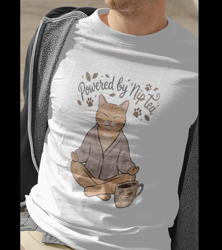 Powered By Nip Tea Catnip Tea Meditating Cat With Paw Prints T-Shirt