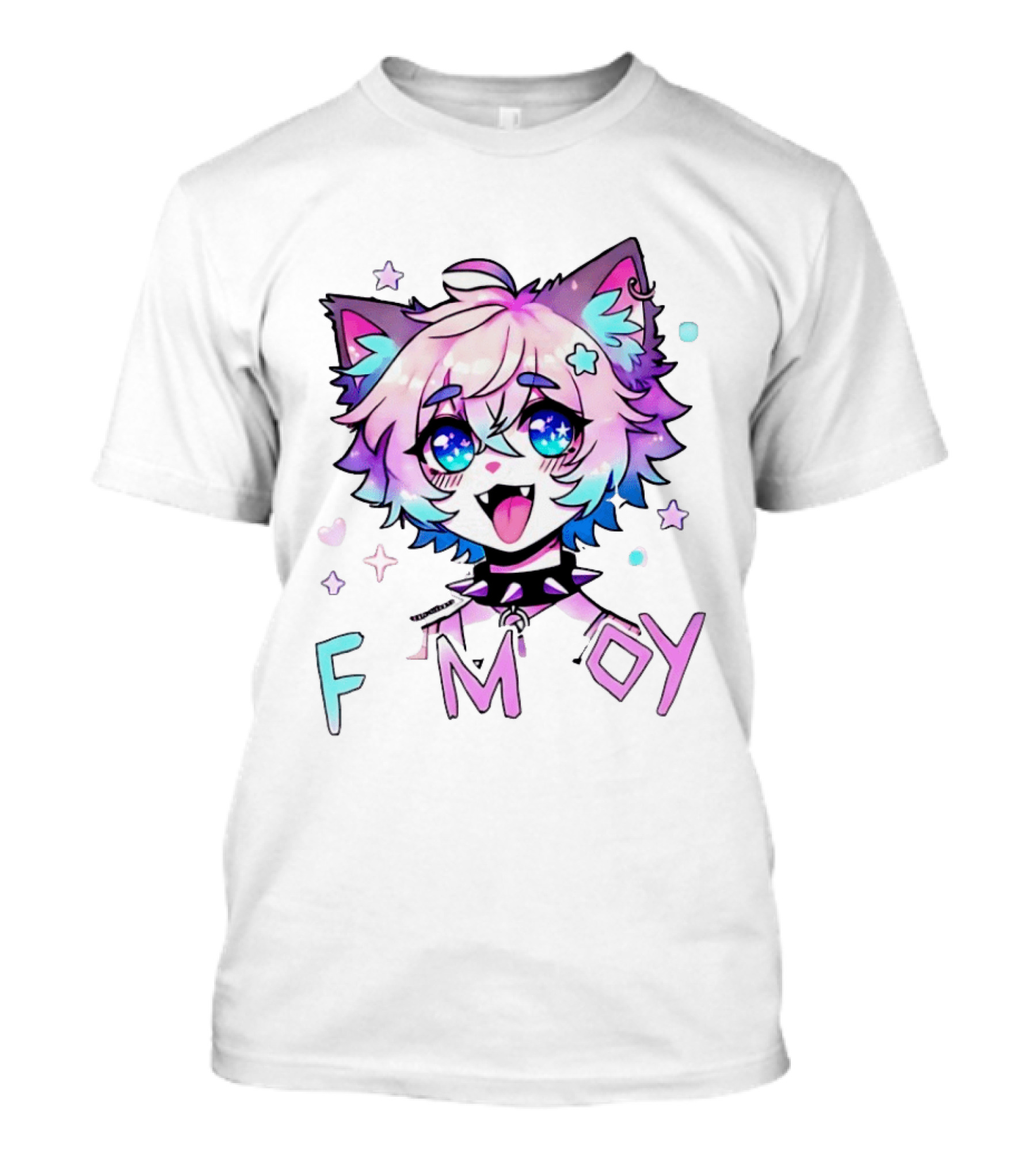 Femboy Cat Boy Anime Spike Collar Starry Eyes Pastel Ears T-Shirt