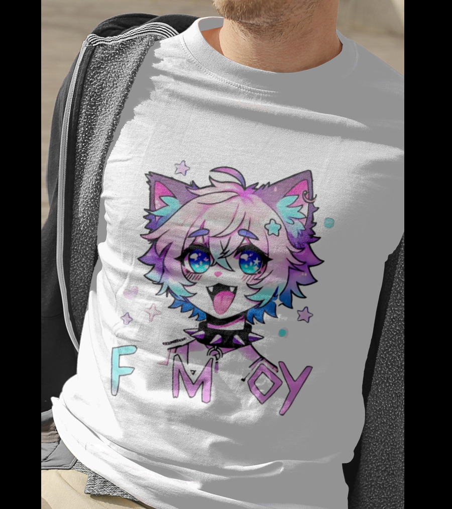Femboy Cat Boy Anime Spike Collar Starry Eyes Pastel Ears T-Shirt