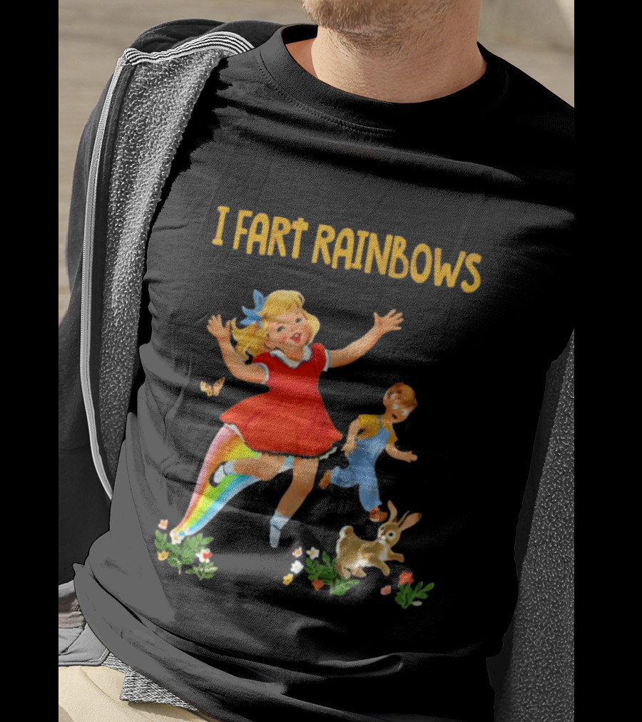 I Fart Rainbows Vintage Retro Kids Playing Butterflies Rabbits Flowers T-Shirt