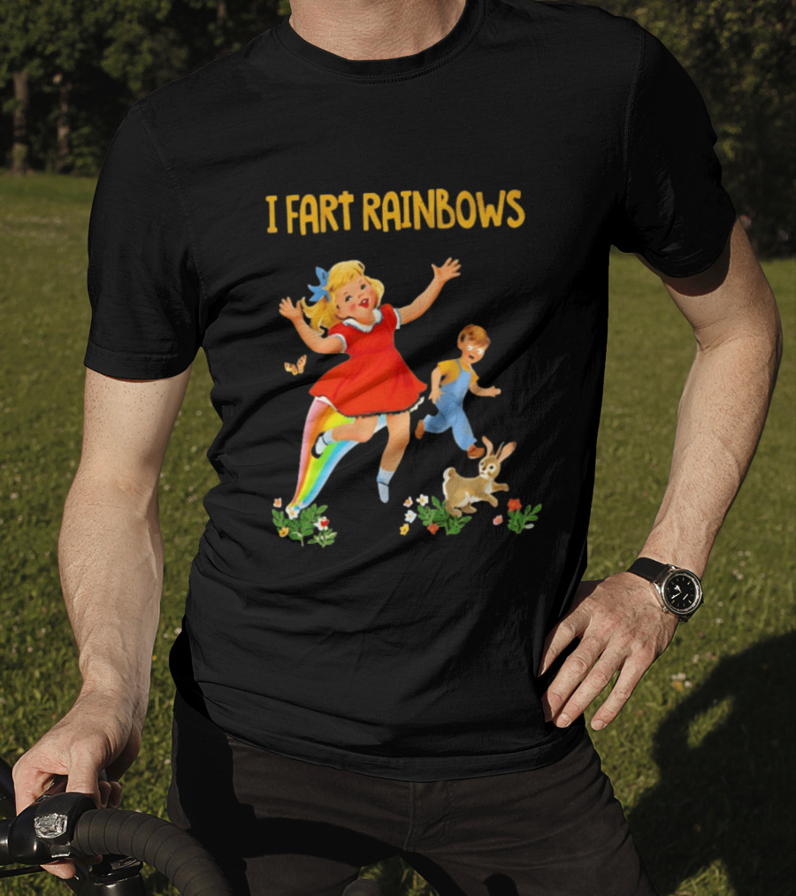 I Fart Rainbows Vintage Retro Kids Playing Butterflies Rabbits Flowers T-Shirt