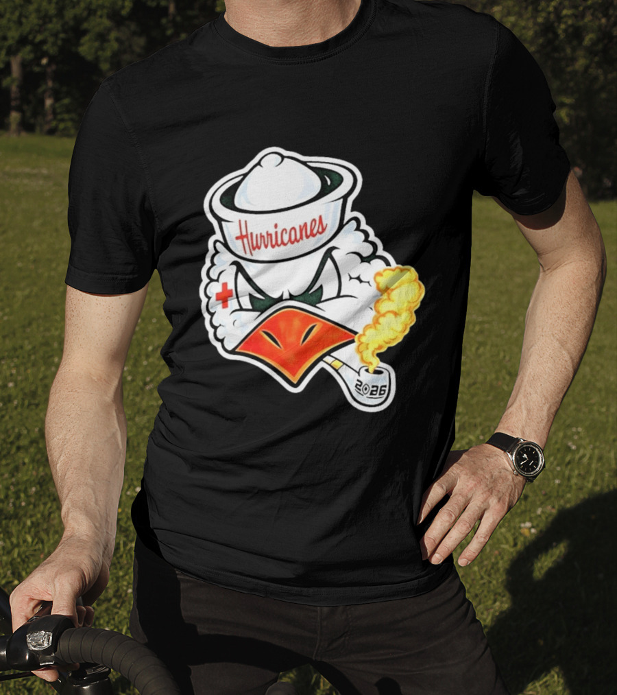 Miami Hurricanes Sebastian Mascot 2026 Pipe Gold Smoke T-Shirt