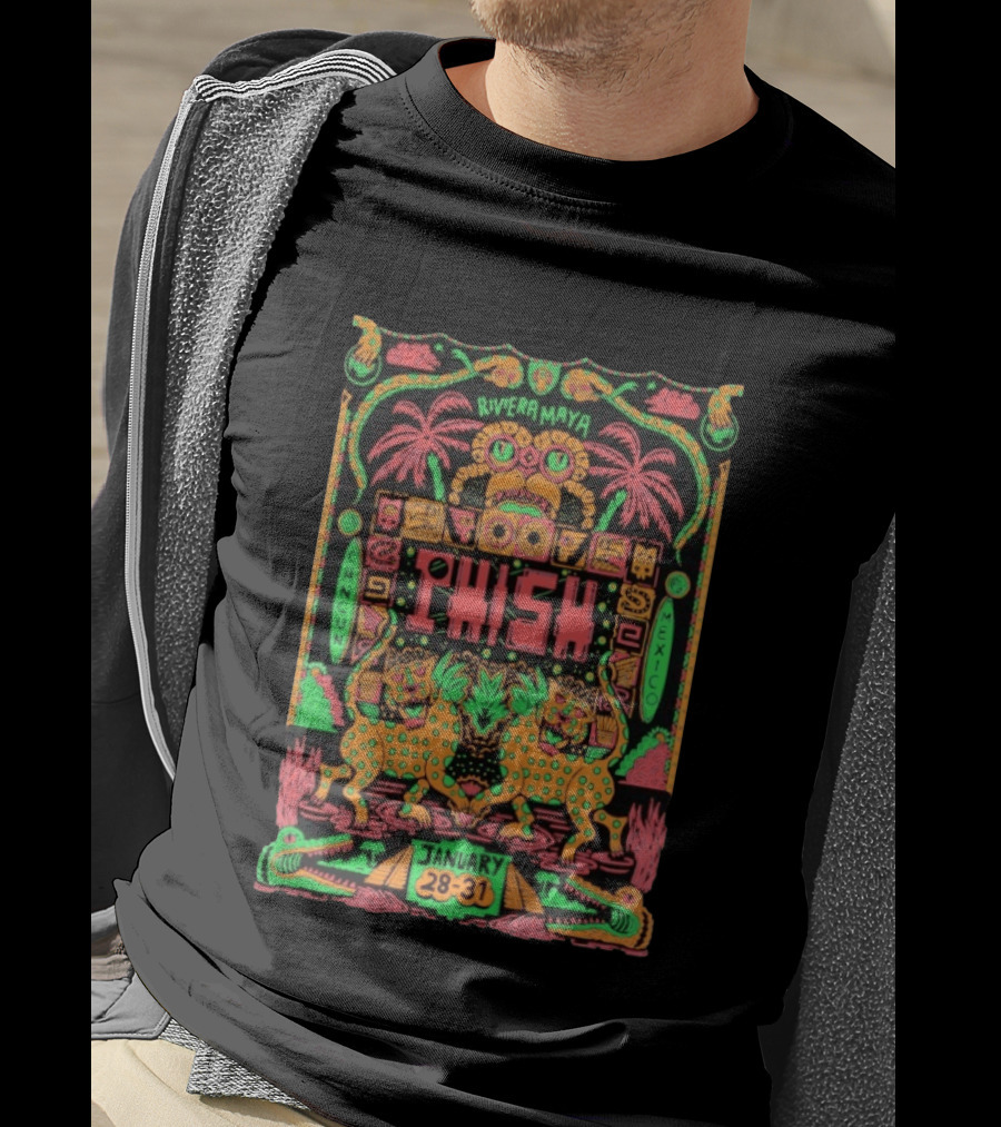Phish Riviera Maya Cancun Mexico January 28 31 2026 Vibrant Neon Aztec Inspired Tropical T-Shirt