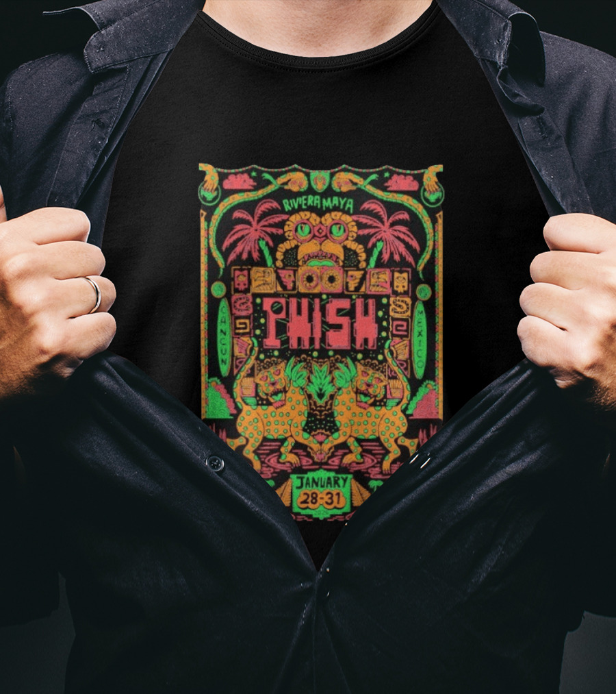 Phish Riviera Maya Cancun Mexico January 28 31 2026 Vibrant Neon Aztec Inspired Tropical T-Shirt