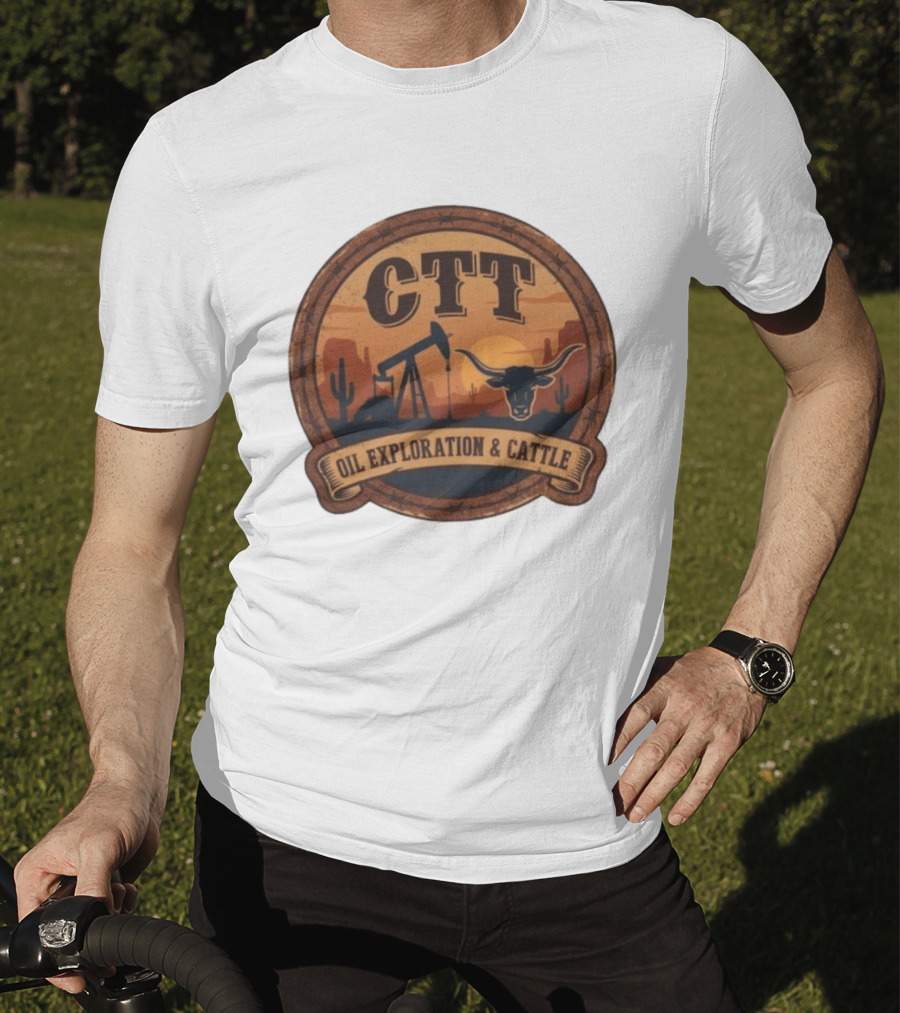 CTT Oil Exploration & Cattle West Texas Sunset Pumpjack And Longhorn Desert Scene T-Shirt