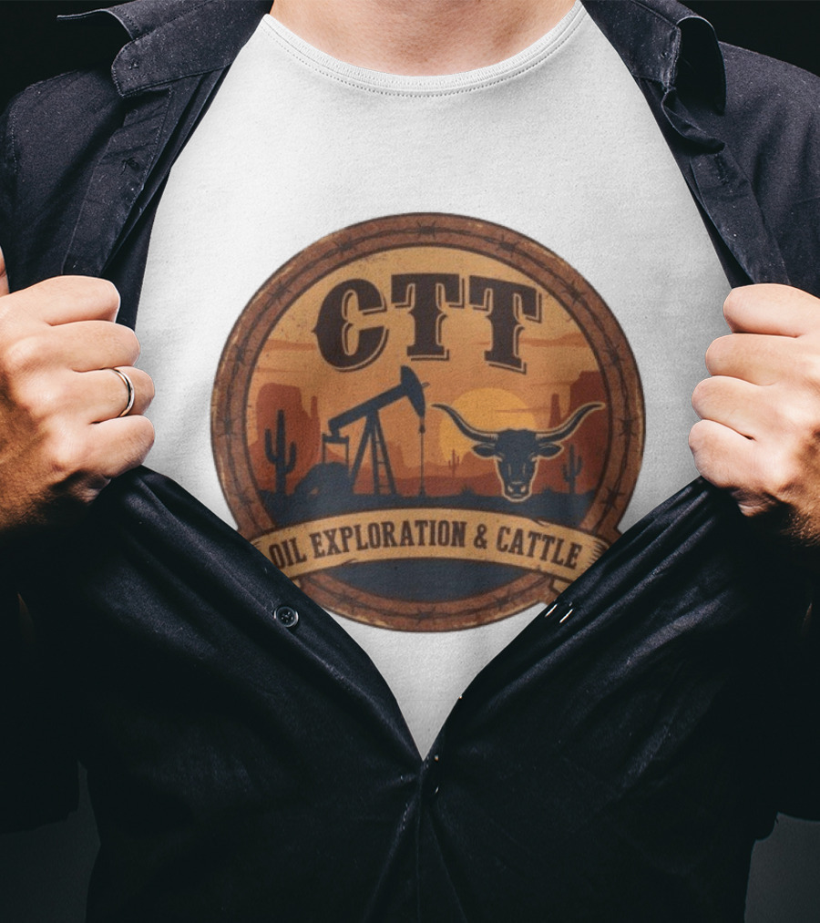 CTT Oil Exploration & Cattle West Texas Sunset Pumpjack And Longhorn Desert Scene T-Shirt