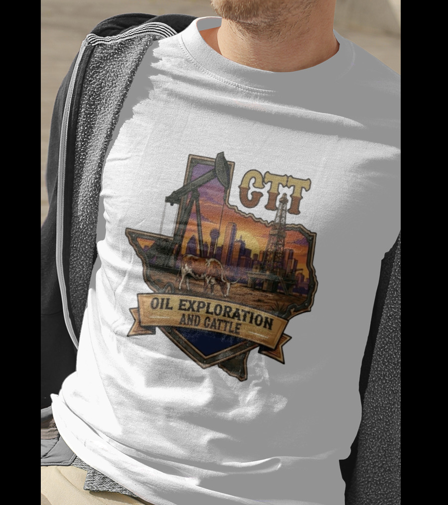 Texas CTT Oil Exploration Cattle Sunset Skyline T-Shirt