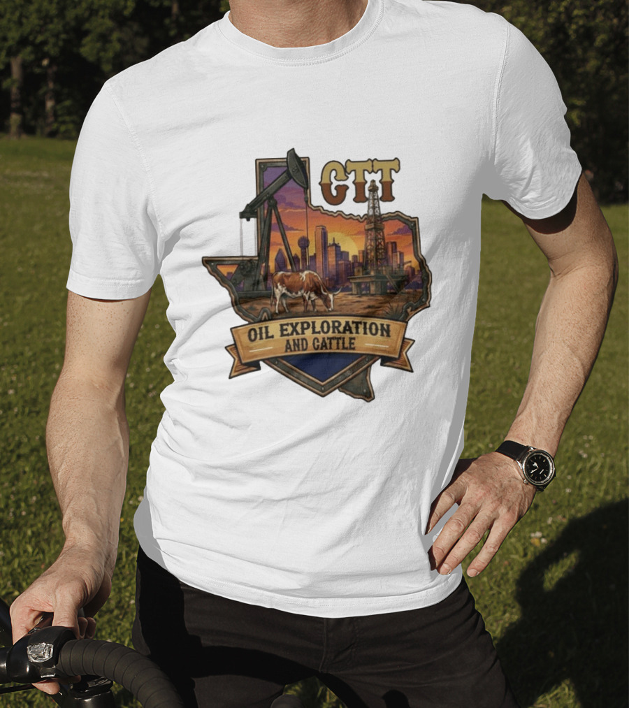 Texas CTT Oil Exploration Cattle Sunset Skyline T-Shirt