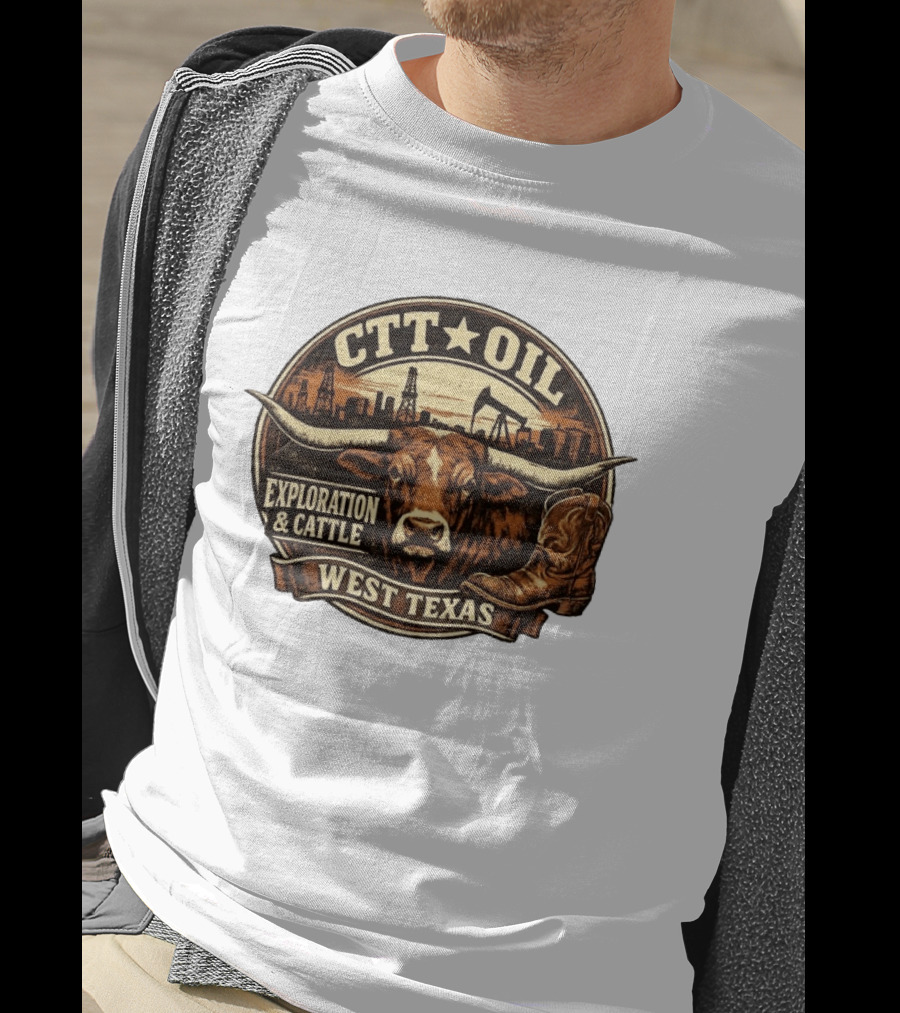 CTT Oil Exploration And Cattle West Texas Longhorn Boot Iconography T-Shirt