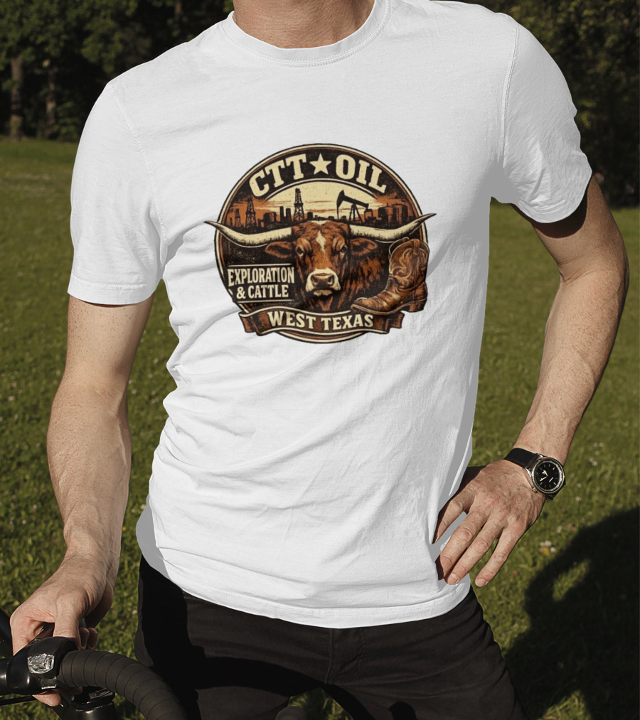 CTT Oil Exploration And Cattle West Texas Longhorn Boot Iconography T-Shirt