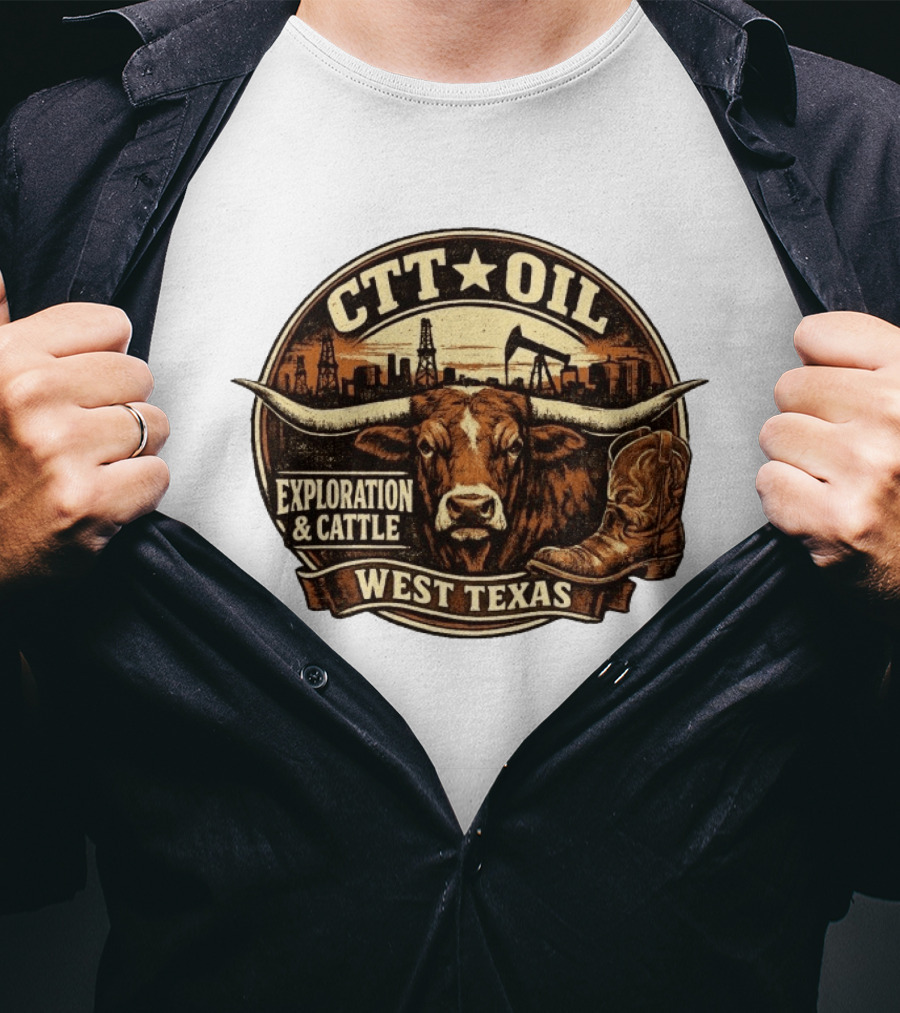 CTT Oil Exploration And Cattle West Texas Longhorn Boot Iconography T-Shirt