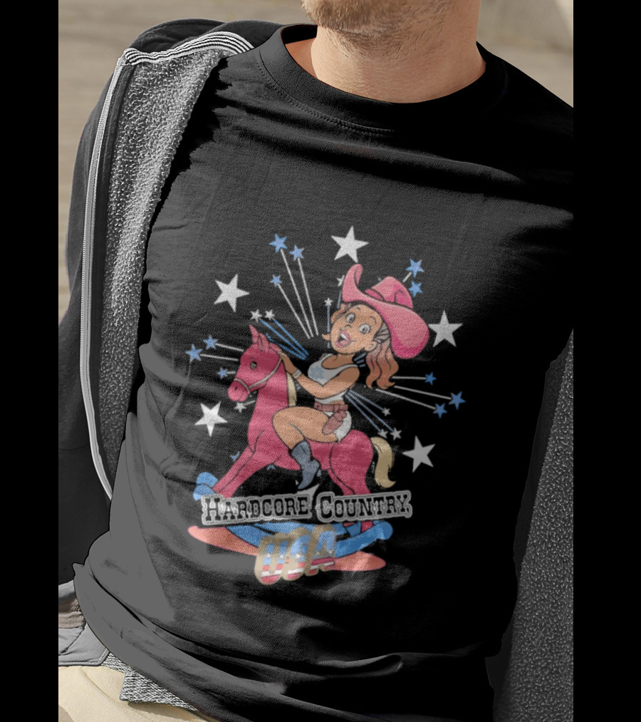 Hardcore Country USA Cowgirl Riding Pink Horse With Stars T-Shirt