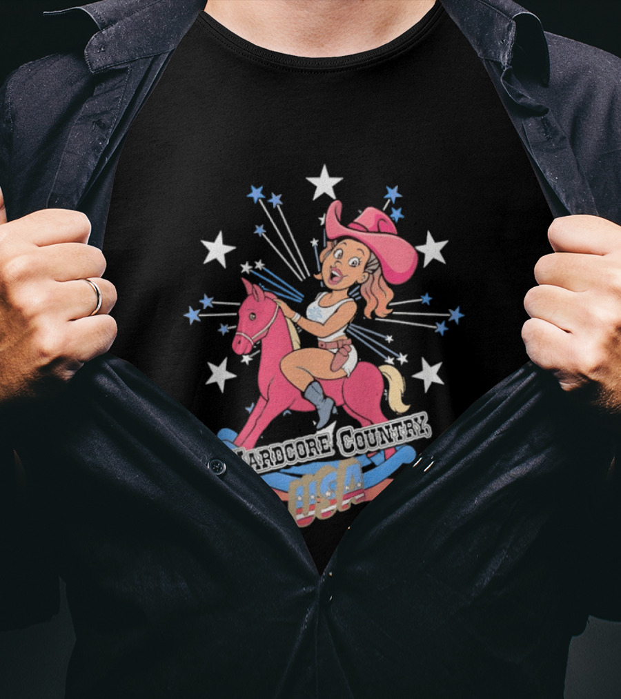 Hardcore Country USA Cowgirl Riding Pink Horse With Stars T-Shirt