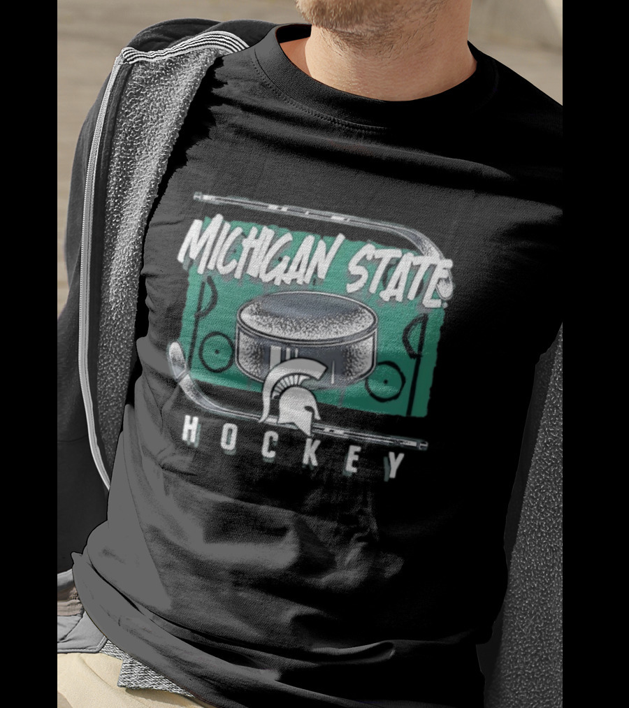 Michigan State Spartans Hockey Puck With Spartan Helmet And Sticks T-Shirt
