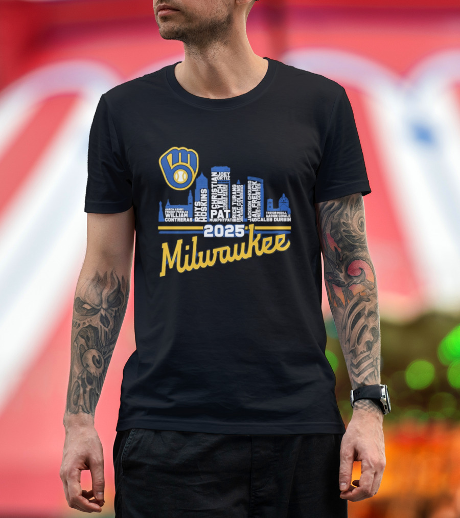 Milwaukee Brewers 2025 City Skyline Baseball Players Names T-Shirt