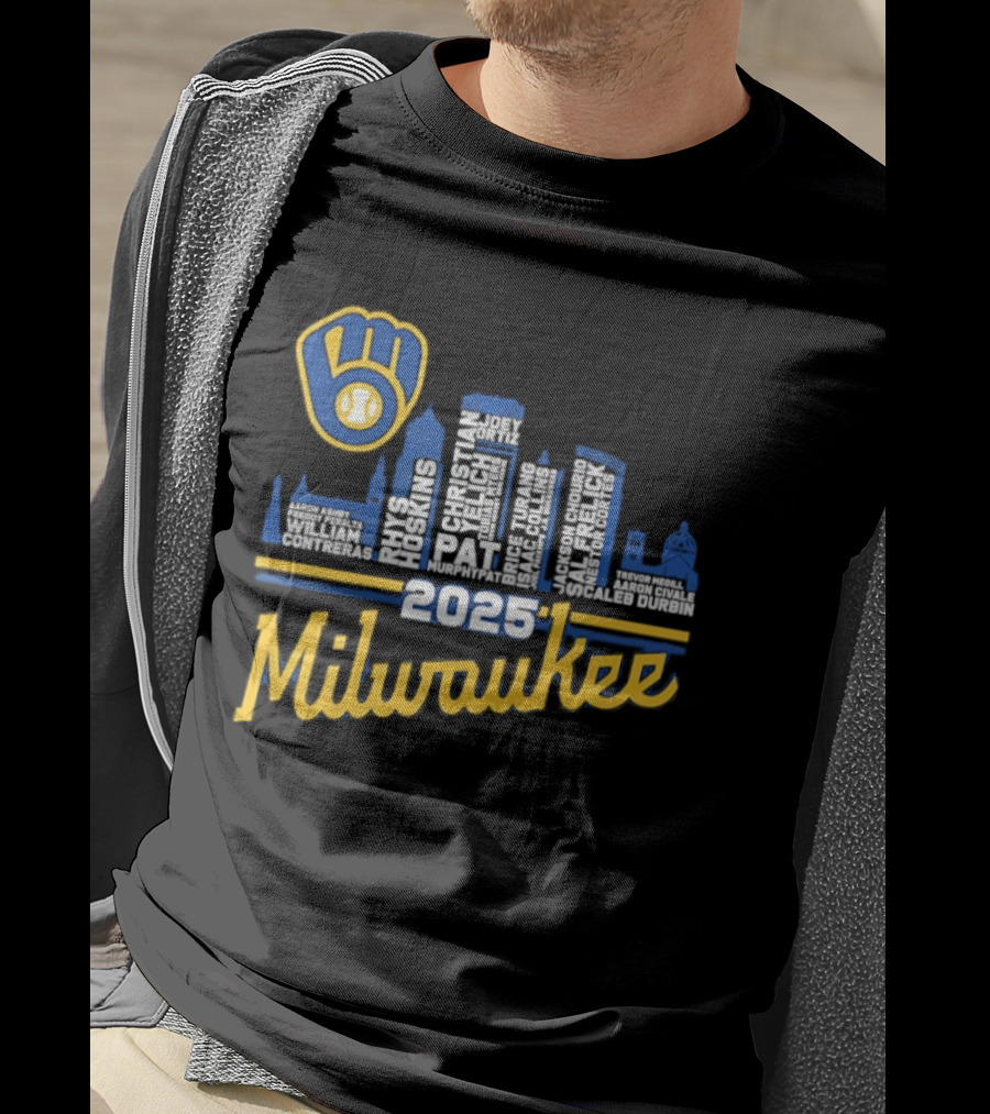 Milwaukee Brewers 2025 City Skyline Baseball Players Names T-Shirt