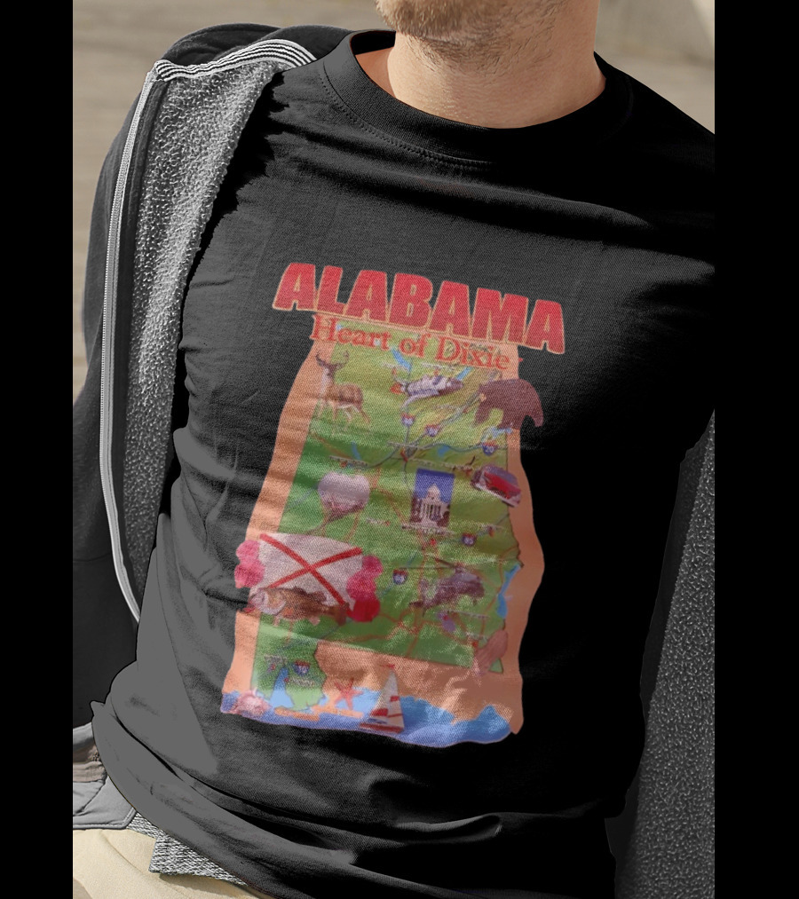Alabama Heart Of Dixie Map Landmarks And Wildlife T-Shirt