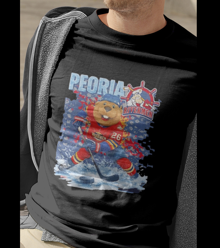 Rocky Peoria Rivermen Hockey Beaver Mascot Skating T-Shirt