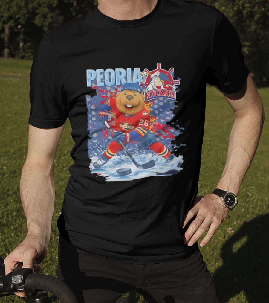 Rocky Peoria Rivermen Hockey Beaver Mascot Skating T-Shirt
