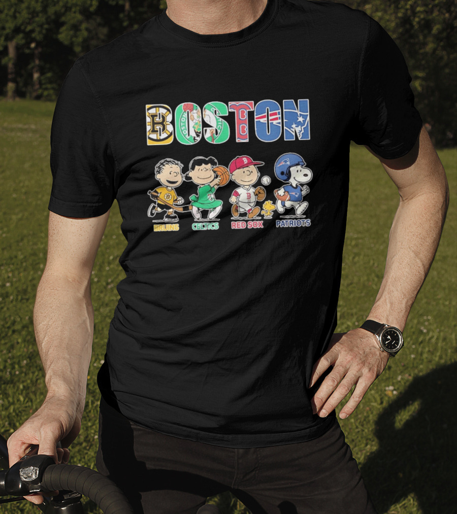 Peanuts Characters In Boston Bruins Celtics Red Sox Patriots Team T-Shirt