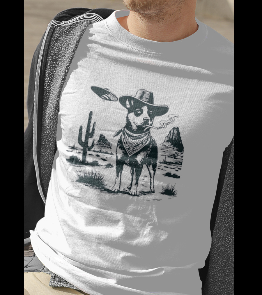 Australian Cattle Dog Smoking With UFO And Western Cowboy Desert Scene T-Shirt
