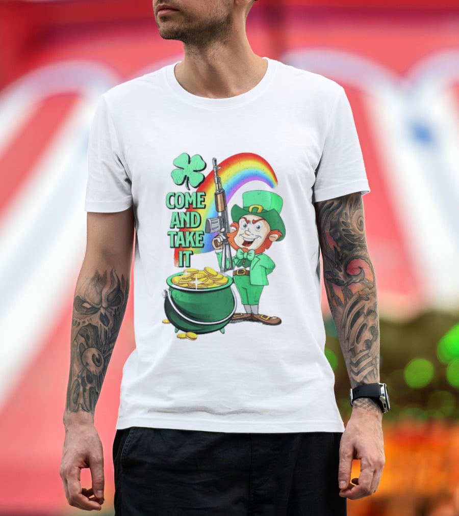 St Patrick Leprechaun Rifle Rainbow Pot Of Gold Come And Take It T-Shirt