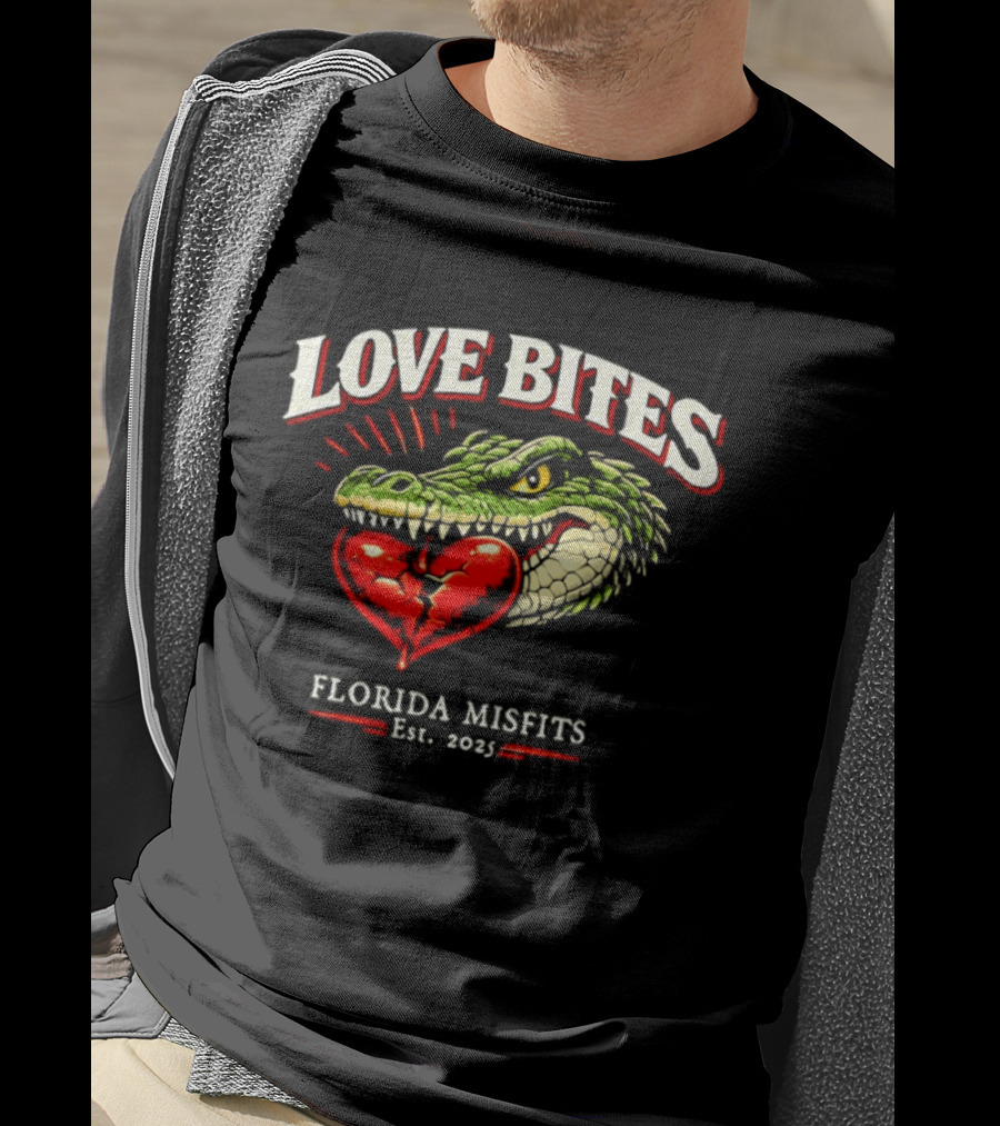 Love Bites Crocodile Broken Heart Florida Misfits Est 2025 T-Shirt