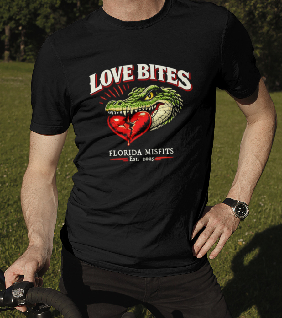 Love Bites Crocodile Broken Heart Florida Misfits Est 2025 T-Shirt