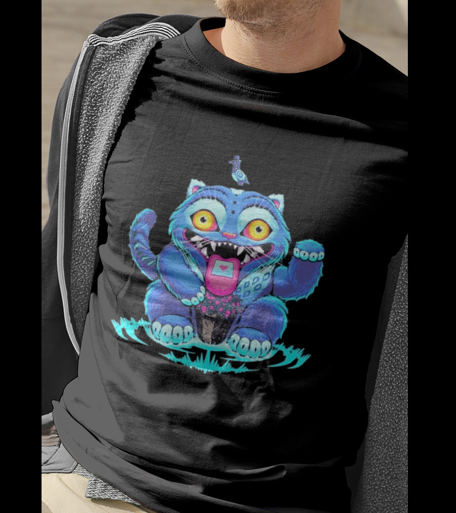 Lucky Derpy Cheshire Cat Maneki Neko Fusion Vibrant Blue T-Shirt