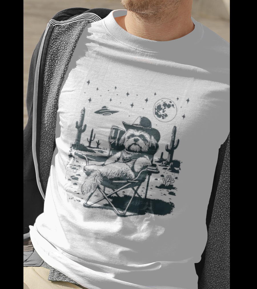 Shih Tzu Cowboys UFO Western Desert Scene Cactus Moon Stars T-Shirt