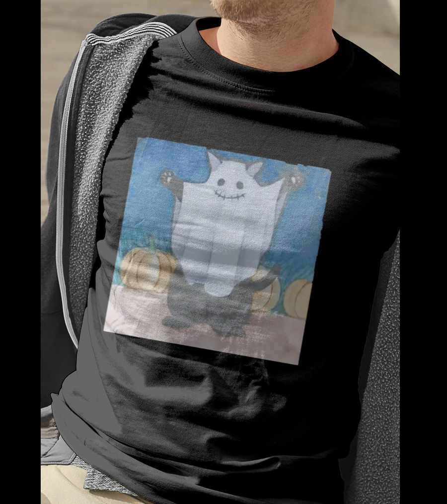 Spooky Black Cat In Ghost Costume With Pumpkins Halloween T-Shirt