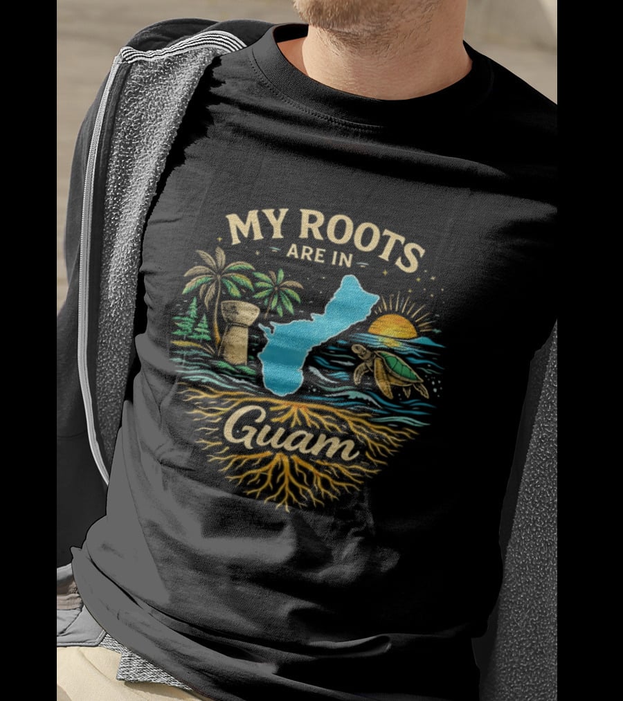 My Roots Are In Guam Chamorro Culture Heritage Turtle Latte Stone Palms Sunset Ocean Map T-Shirt