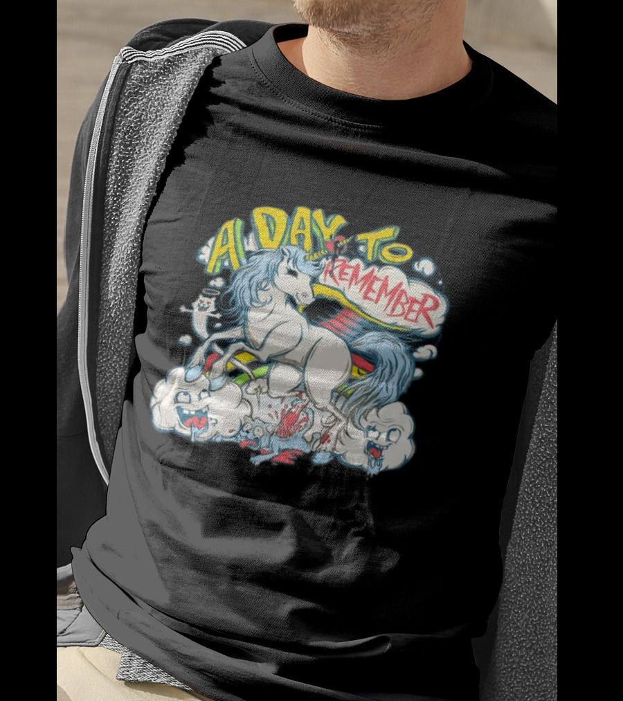 A Day To Remember Unicorn With Colorful Clouds And Characters T-Shirt