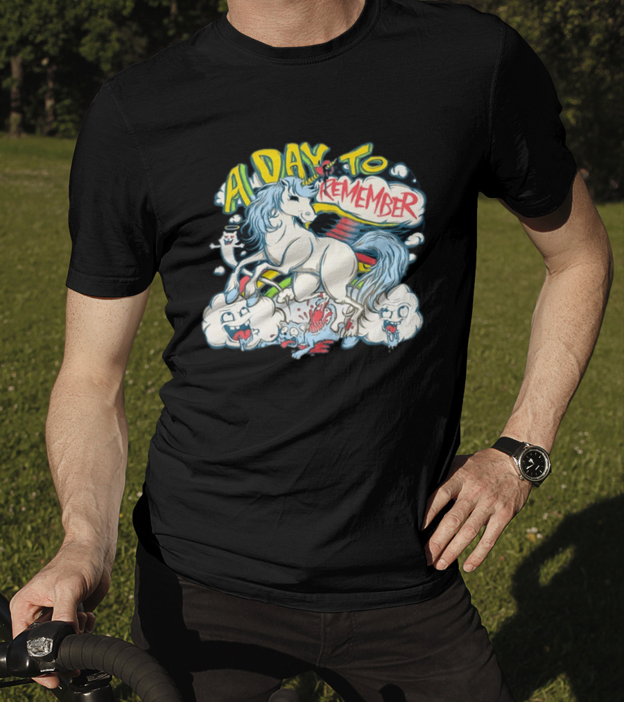 A Day To Remember Unicorn With Colorful Clouds And Characters T-Shirt